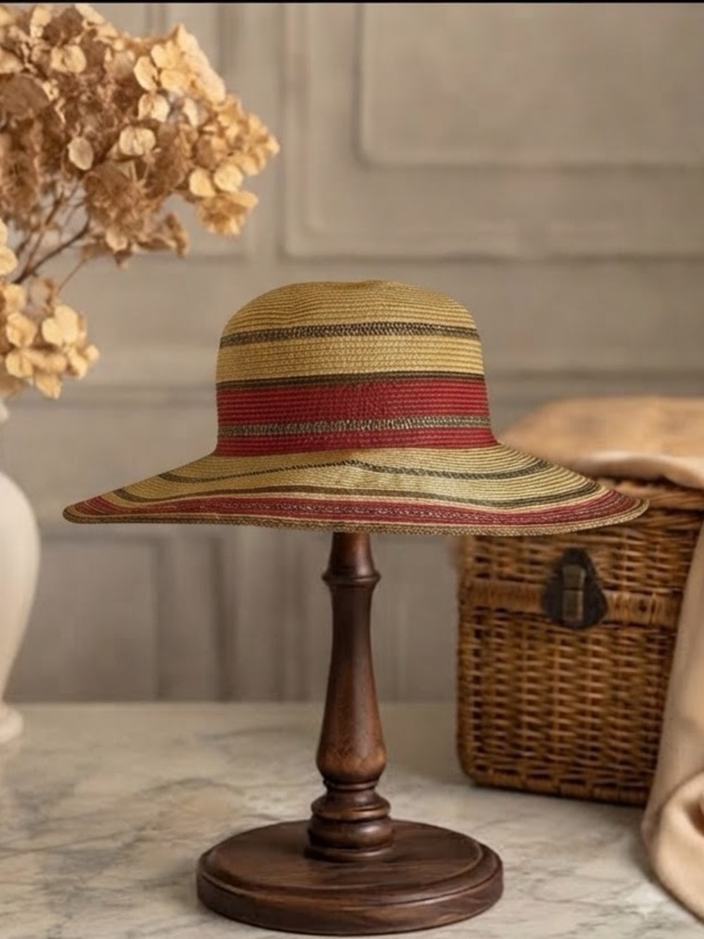 Straw Wide Brim Sun Hat - Natural Tan with Red & Brown Stripe Detail
